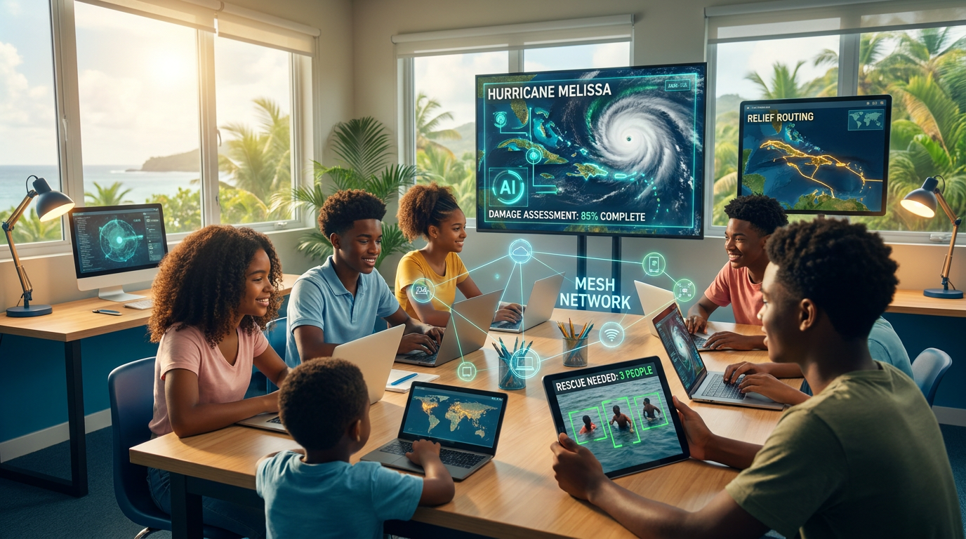 Caribbean young people and a young child building hurricane relief AI on laptops, screens showing satellite damage maps, relief routing and computer-vision rescue detections