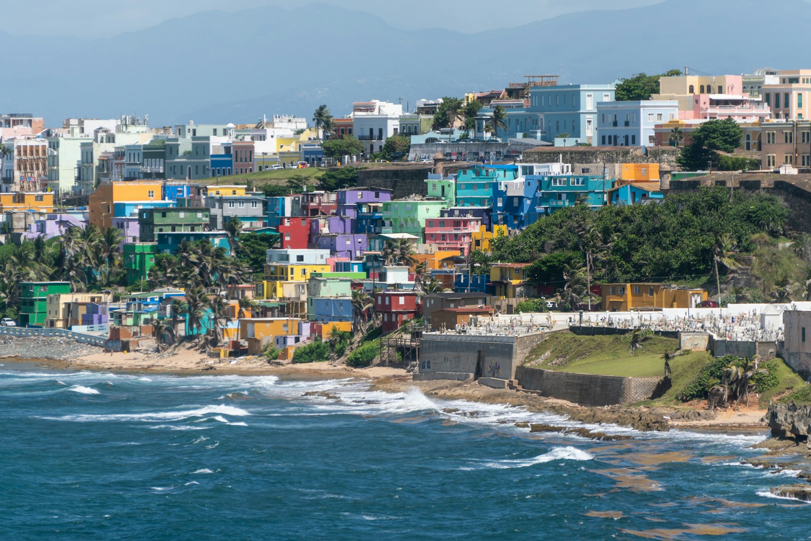 Colourful hillside houses above the sea in La Perla, San Juan, Puerto Rico